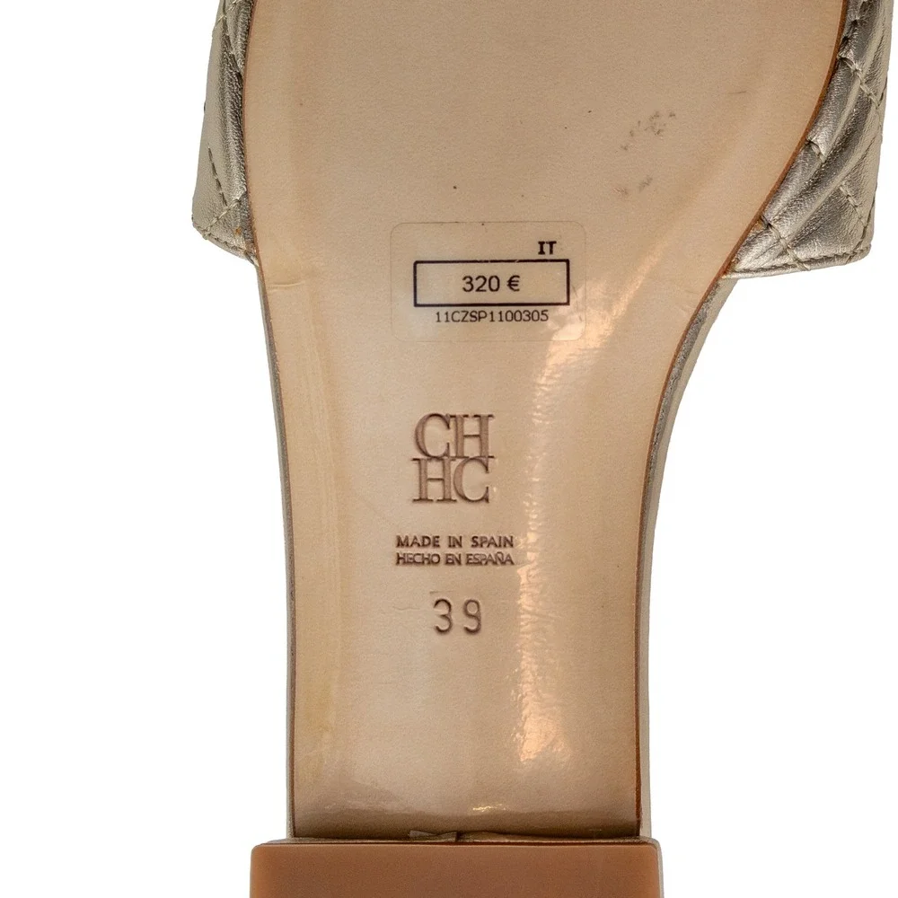 Carolina Herrera CH Gold Quilted Leather Slide Sandals Women's EU 39 US 8.5